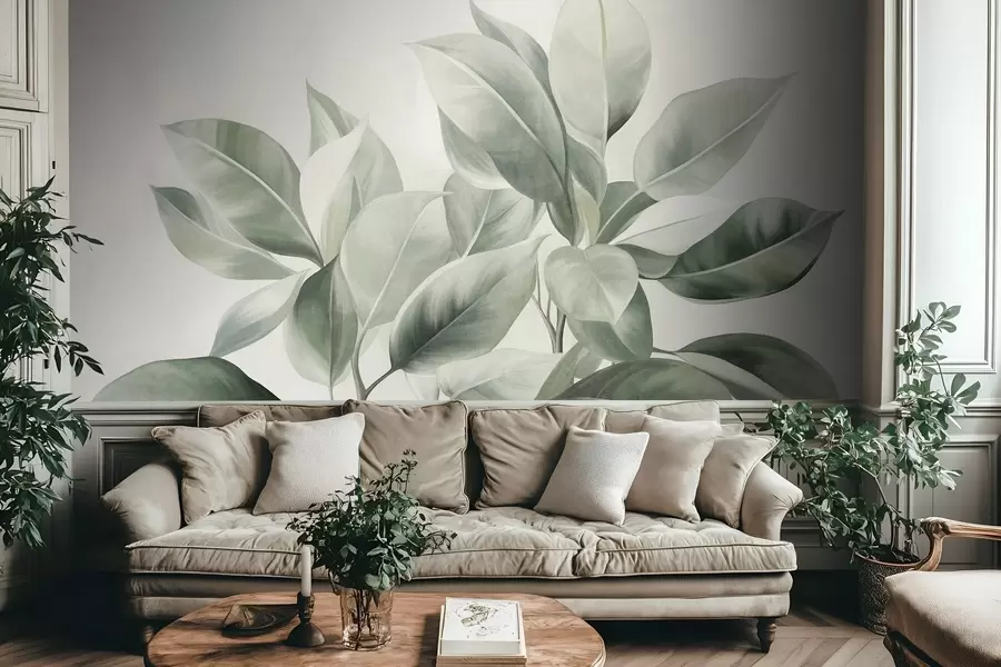murais de parede Folhas verde-claras sobre um fundo pálido e suave, com textura ao estilo boho w09909