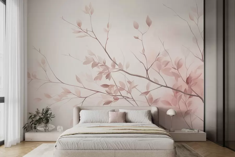 murais de parede Ramos delicados com folhas de um rosa suave sobre um fundo claro, ao estilo da aguarela w09910