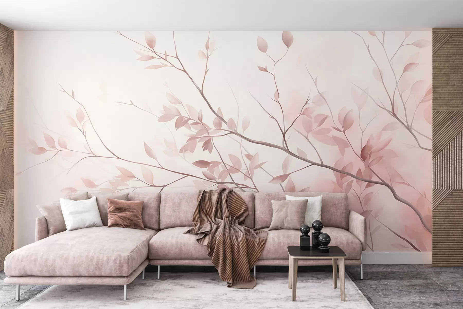 murais de parede Ramos delicados com folhas de um rosa suave sobre um fundo claro, ao estilo da aguarela w09910