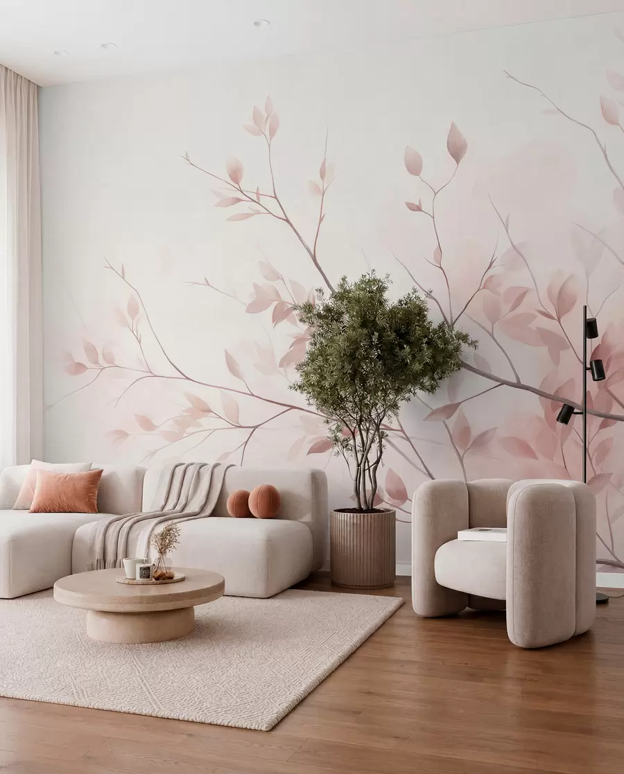 murais de parede Ramos delicados com folhas de um rosa suave sobre um fundo claro, ao estilo da aguarela w09910