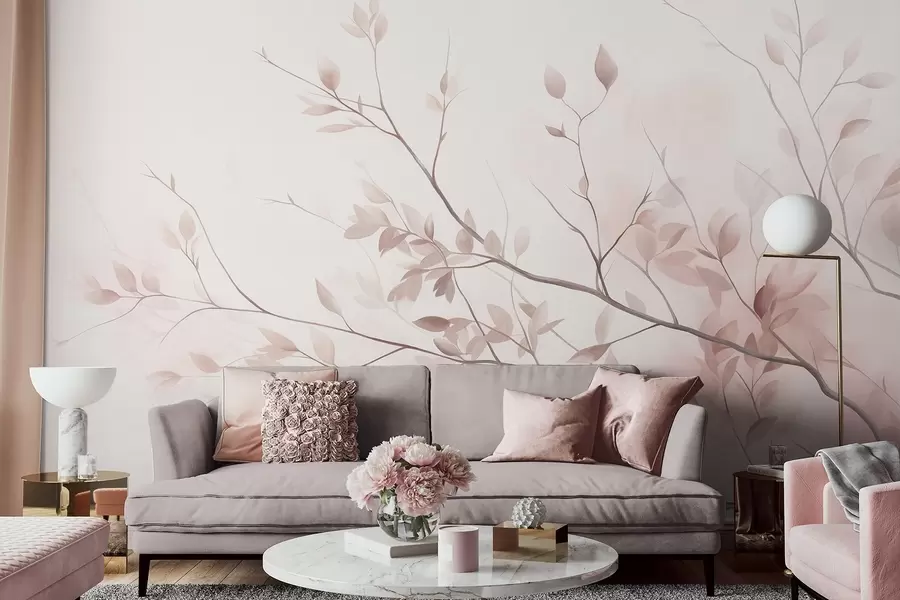 murais de parede Ramos delicados com folhas de um rosa suave sobre um fundo claro, ao estilo da aguarela w09910