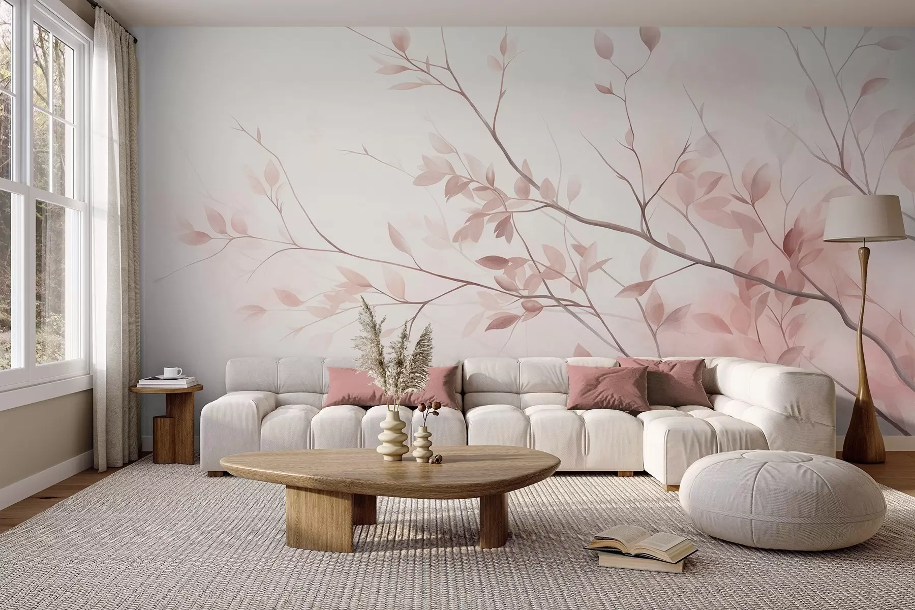 murais de parede Ramos delicados com folhas de um rosa suave sobre um fundo claro, ao estilo da aguarela w09910