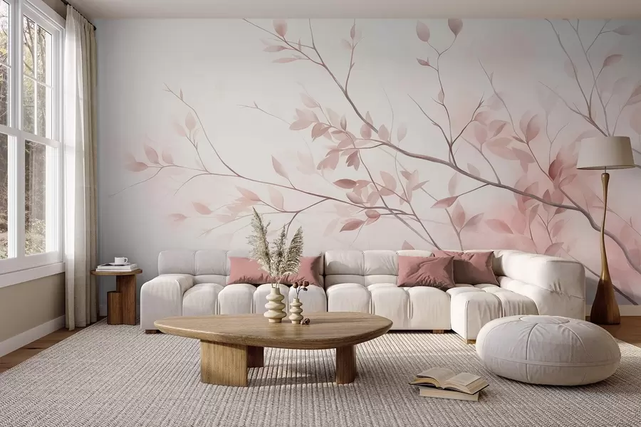 murais de parede Ramos delicados com folhas de um rosa suave sobre um fundo claro, ao estilo da aguarela w09910