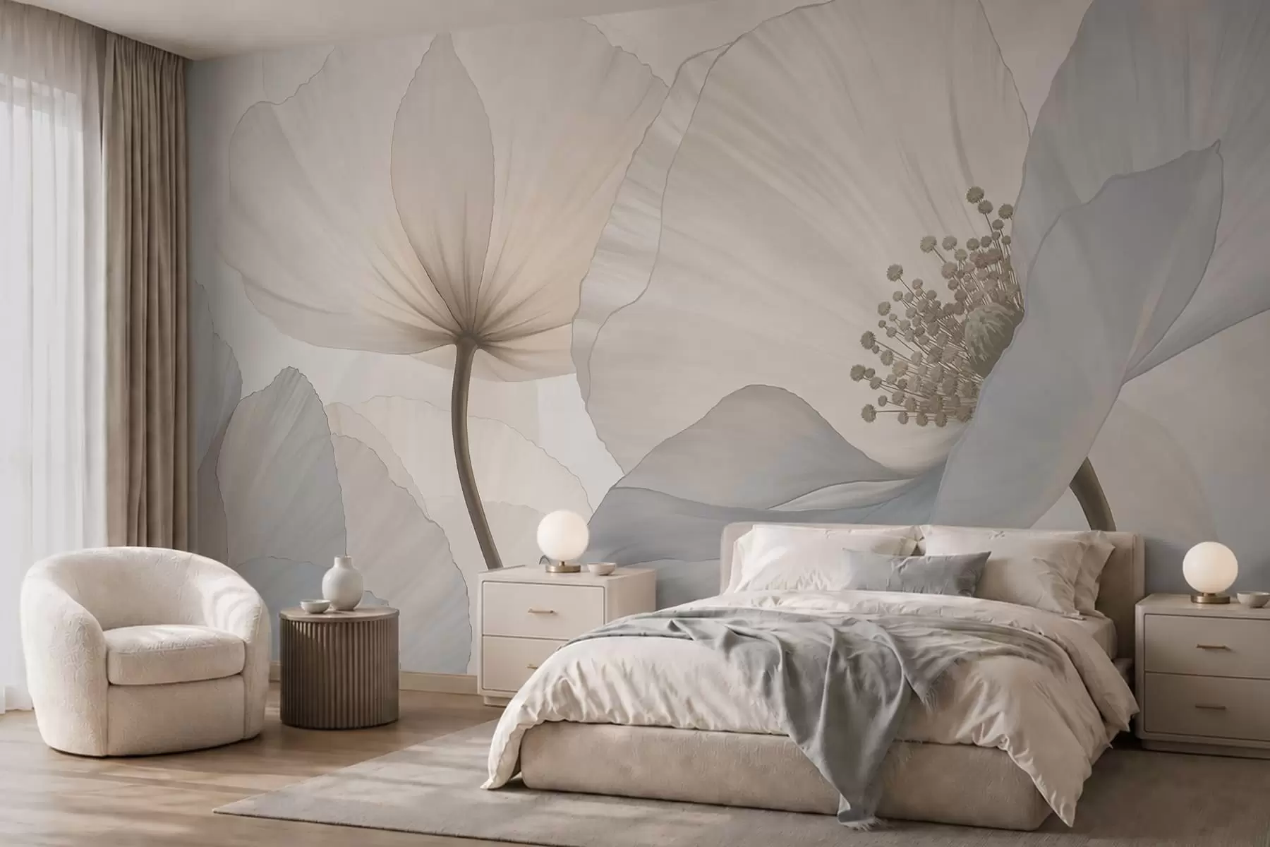 murais de parede Flores grandes e delicadas em tons pastel claros w05692