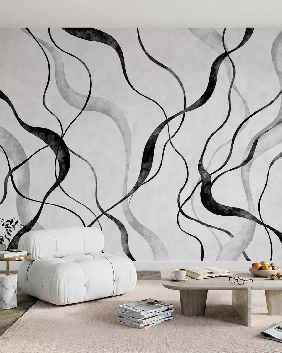 murais de parede Linhas abstratas e fluidas em tons monocromáticos w05699