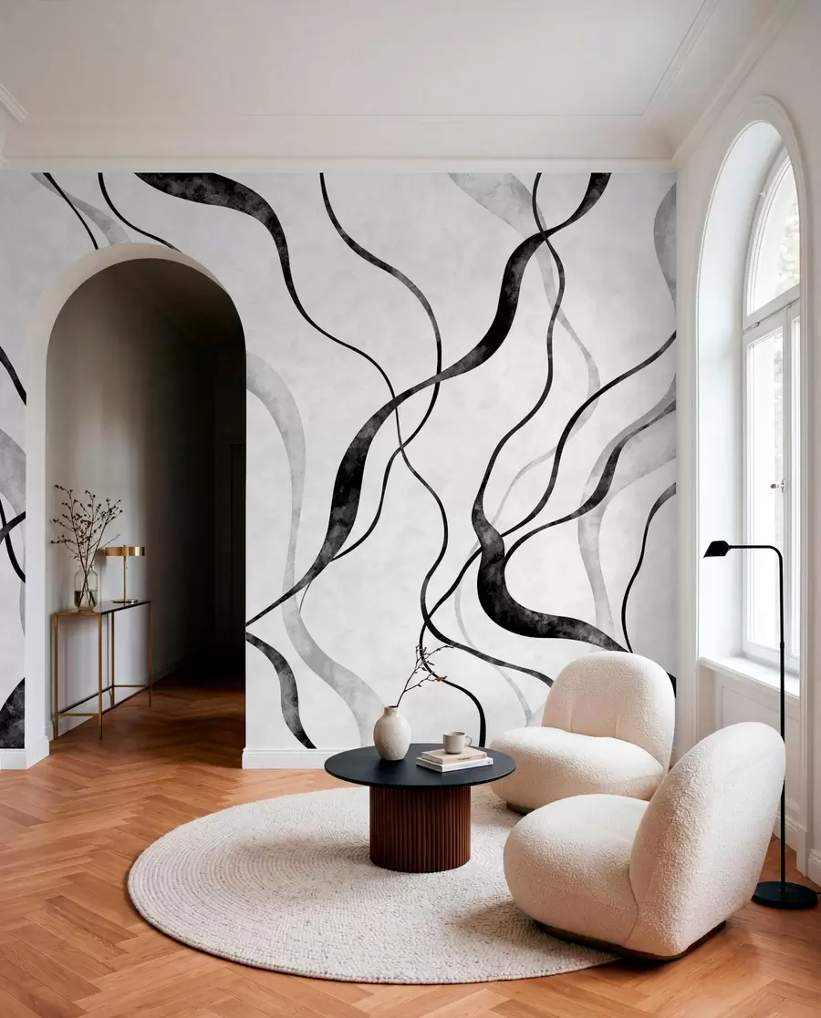 murais de parede Linhas abstratas e fluidas em tons monocromáticos w05699