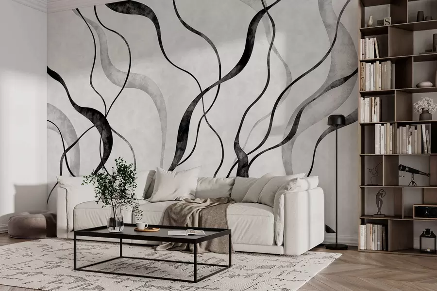 murais de parede Linhas abstratas e fluidas em tons monocromáticos w05699