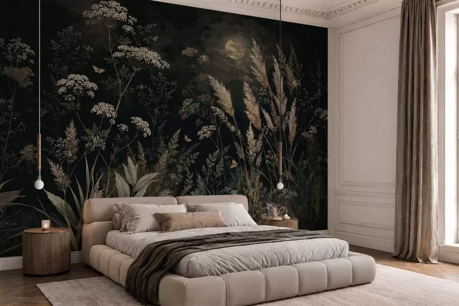 murais de parede Prado ao luar, com ervas selvagens e flores w05701