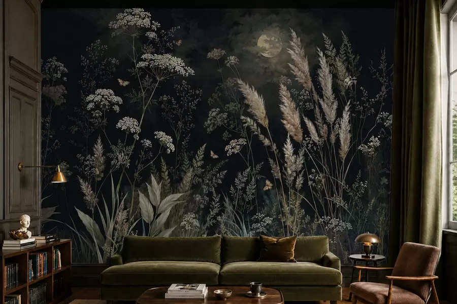murais de parede Prado ao luar, com ervas selvagens e flores w05701