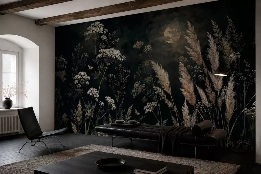 murais de parede Prado ao luar, com ervas selvagens e flores w05701