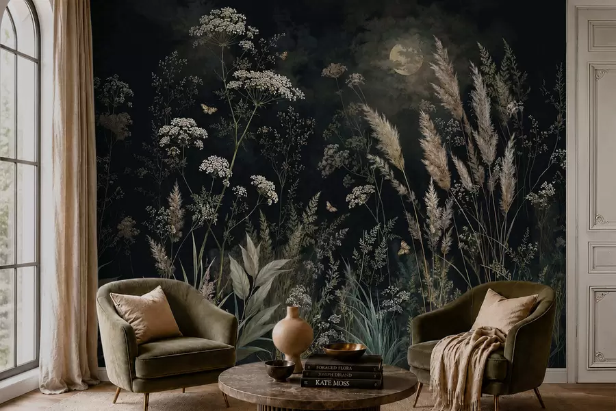 murais de parede Prado ao luar, com ervas selvagens e flores w05701