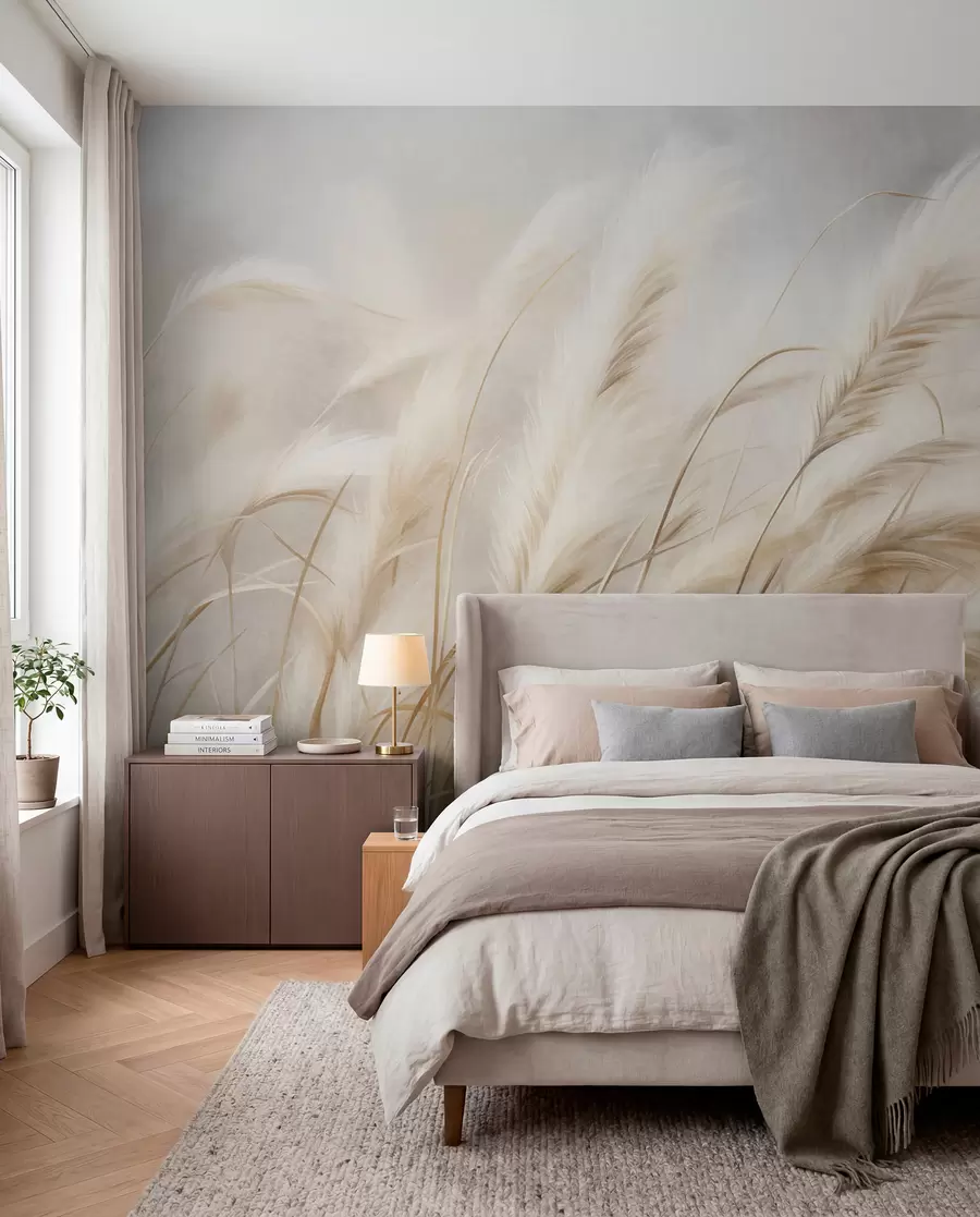 murais de parede Erva-da-pampa alta a balançar suavemente ao vento, num cenário suave e discreto, obra de arte com textura w09825