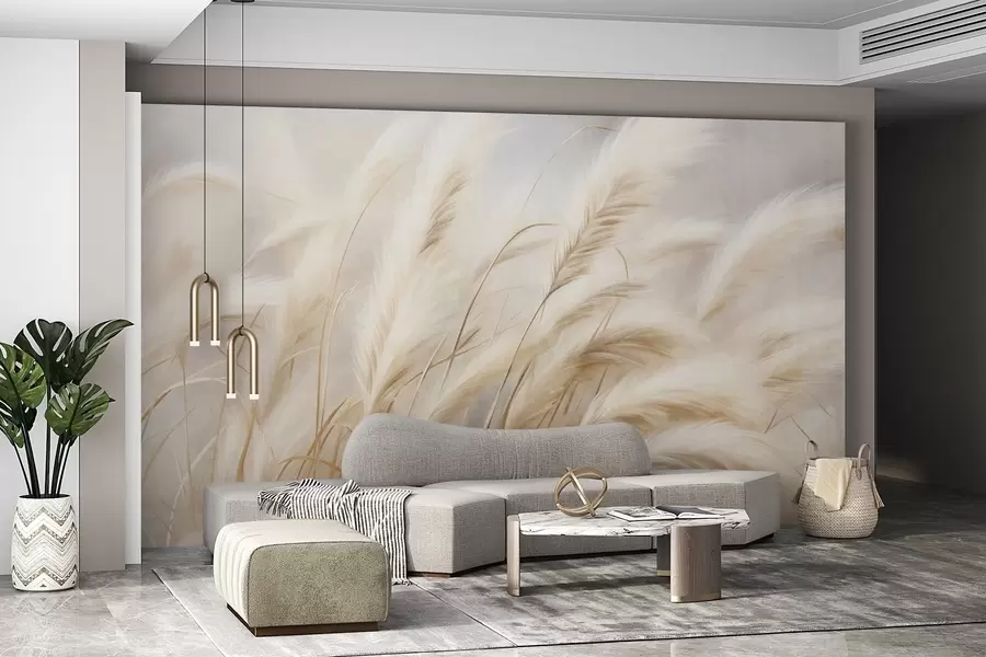 murais de parede Erva-da-pampa alta a balançar suavemente ao vento, num cenário suave e discreto, obra de arte com textura w09825