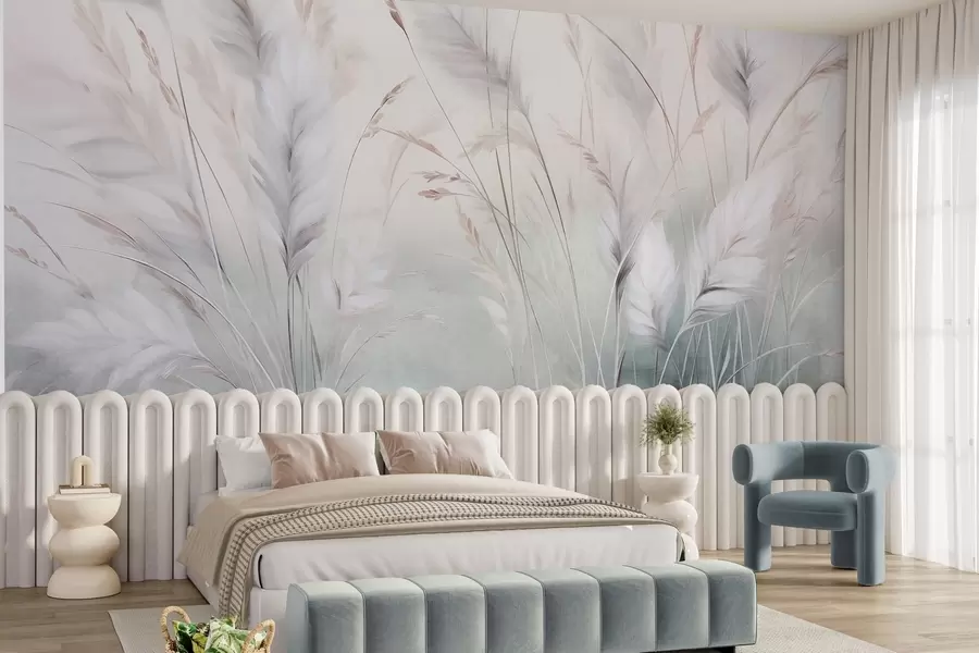 murais de parede Ervas altas e esvoaçantes balançam suavemente contra um fundo suave e discreto, uma delicada obra de arte natural w09831