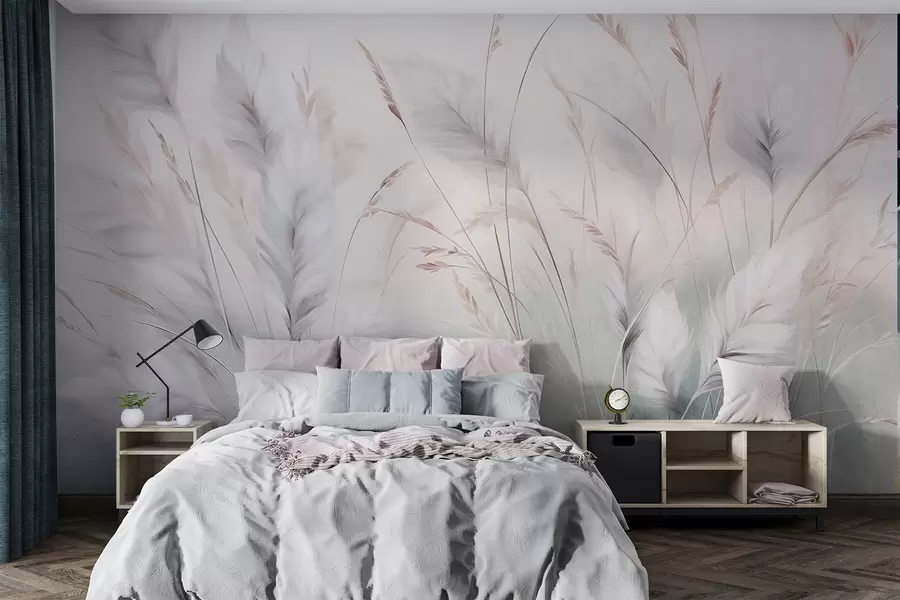 murais de parede Ervas altas e esvoaçantes balançam suavemente contra um fundo suave e discreto, uma delicada obra de arte natural w09831