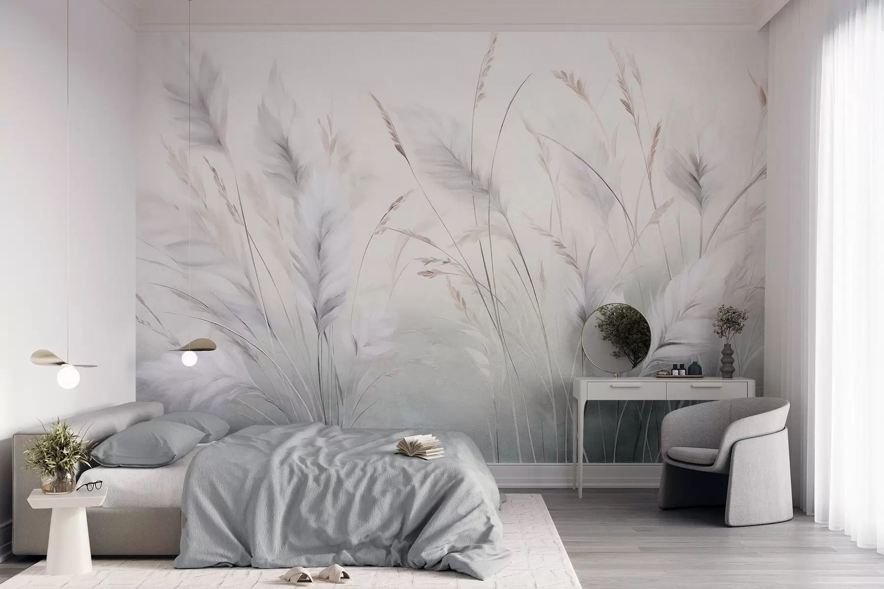 murais de parede Ervas altas e esvoaçantes balançam suavemente contra um fundo suave e discreto, uma delicada obra de arte natural w09831