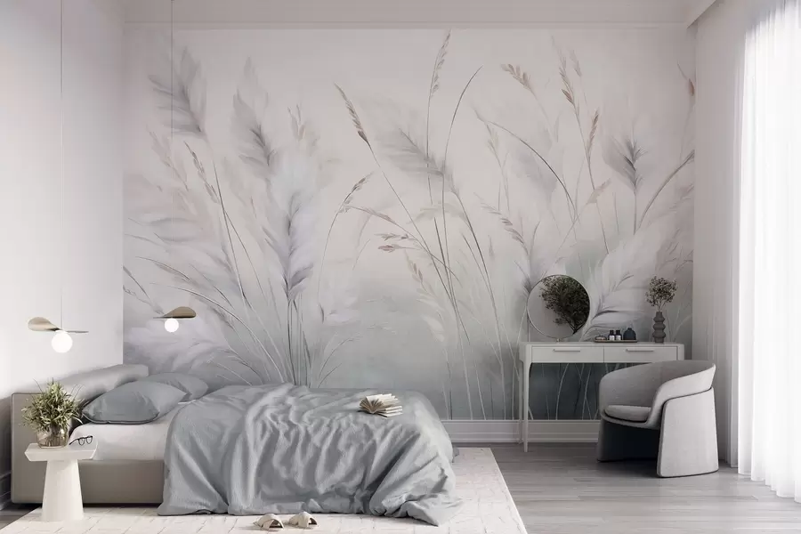 murais de parede Ervas altas e esvoaçantes balançam suavemente contra um fundo suave e discreto, uma delicada obra de arte natural w09831
