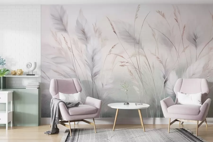murais de parede Ervas altas e esvoaçantes balançam suavemente contra um fundo suave e discreto, uma delicada obra de arte natural w09831