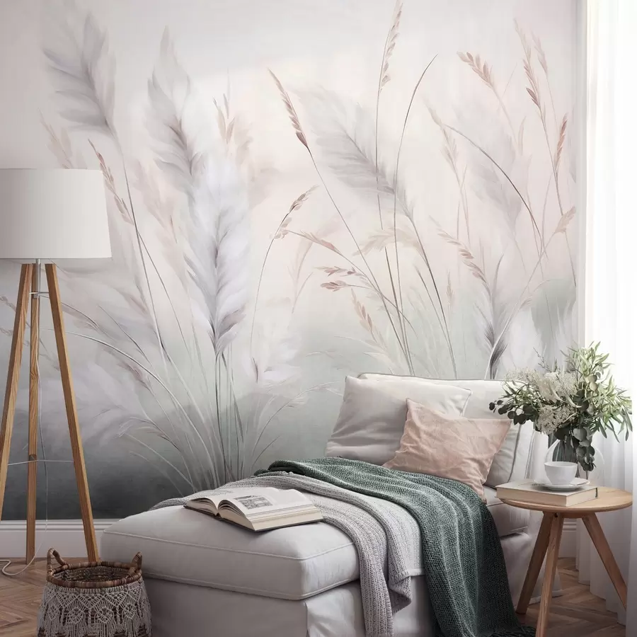 murais de parede Ervas altas e esvoaçantes balançam suavemente contra um fundo suave e discreto, uma delicada obra de arte natural w09831