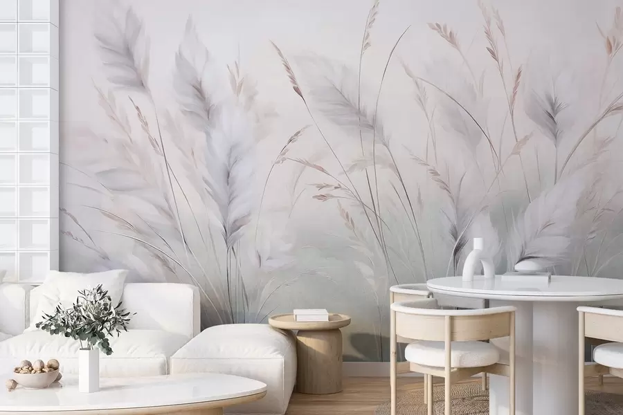 murais de parede Ervas altas e esvoaçantes balançam suavemente contra um fundo suave e discreto, uma delicada obra de arte natural w09831