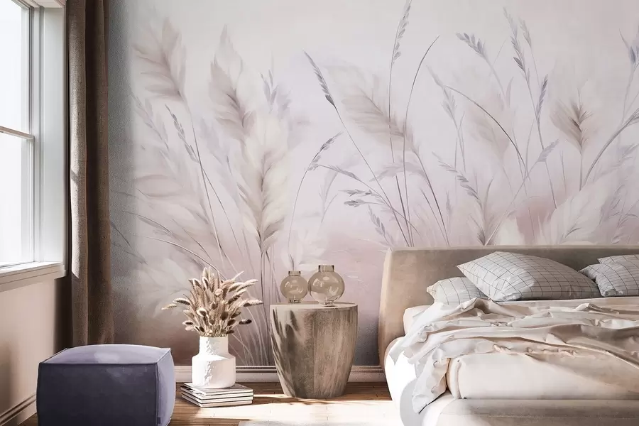 murais de parede Ervas altas e esvoaçantes balançam suavemente contra um fundo suave e discreto, uma delicada obra de arte natural w09831v1