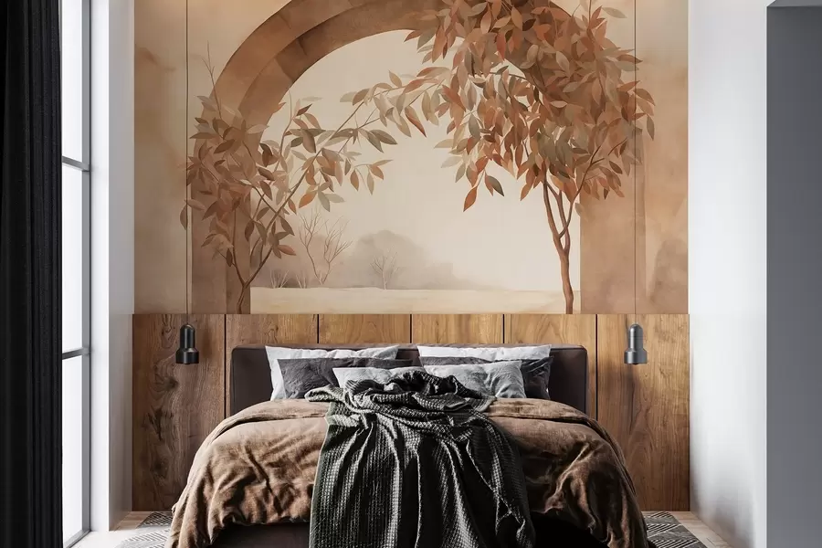 murais de parede Um arco com uma paisagem, árvores e folhagem em tons outonais suaves, obra de arte com textura w09907
