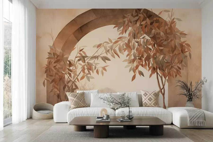 murais de parede Um arco com uma paisagem, árvores e folhagem em tons outonais suaves, obra de arte com textura w09907