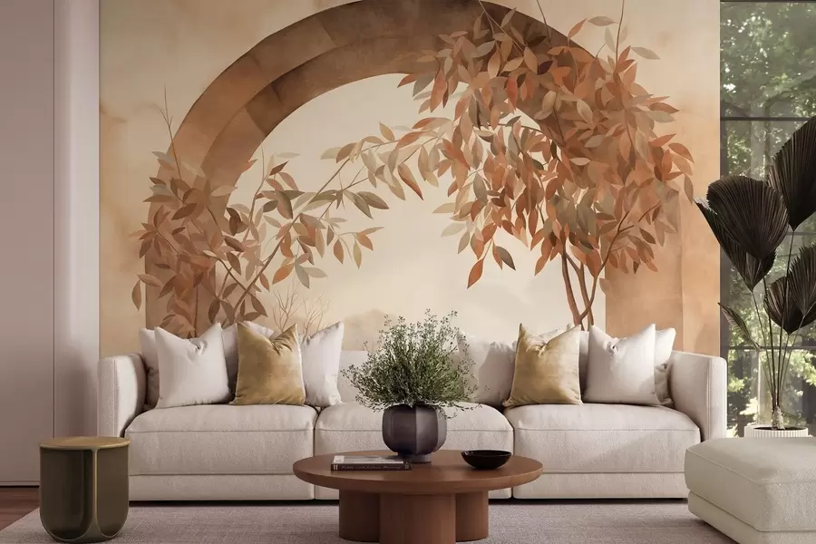 murais de parede Um arco com uma paisagem, árvores e folhagem em tons outonais suaves, obra de arte com textura w09907