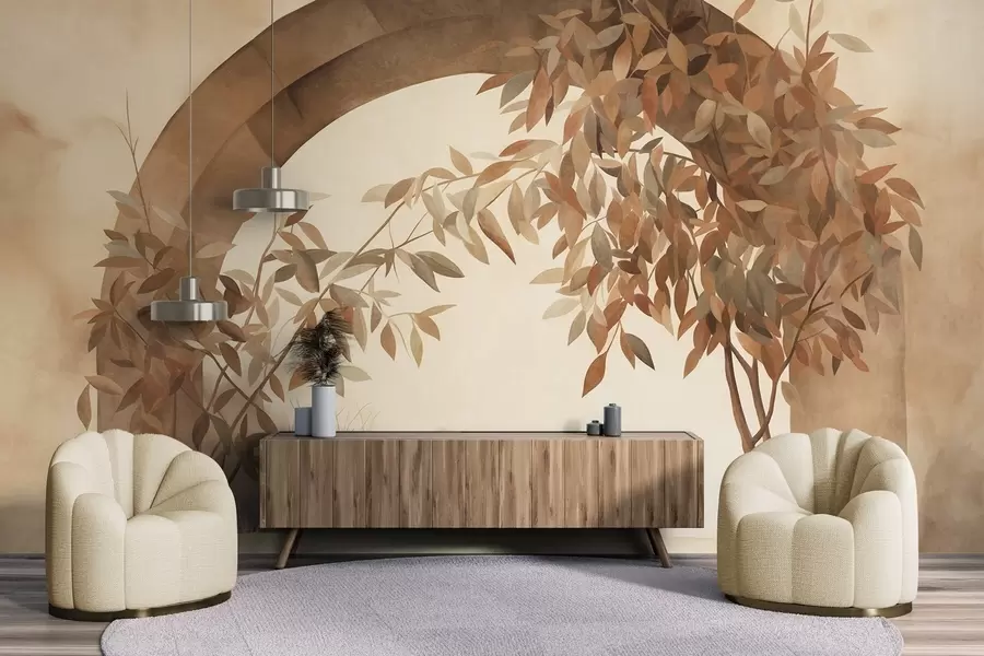 murais de parede Um arco com uma paisagem, árvores e folhagem em tons outonais suaves, obra de arte com textura w09907