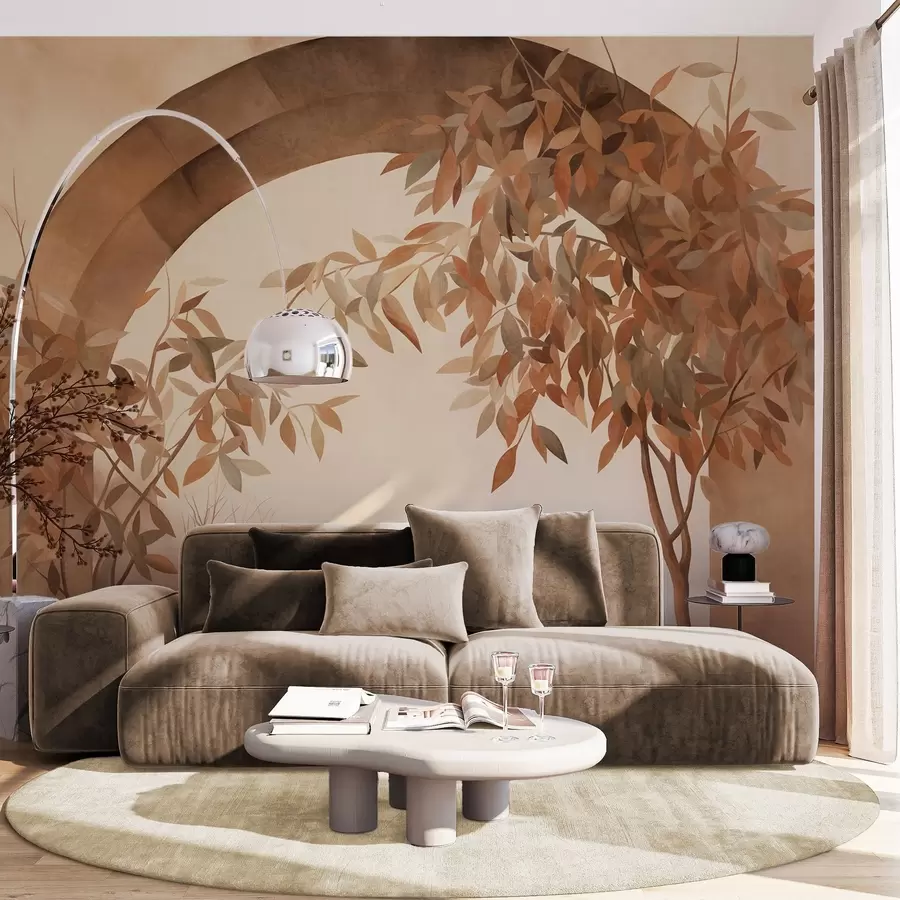 murais de parede Um arco com uma paisagem, árvores e folhagem em tons outonais suaves, obra de arte com textura w09907