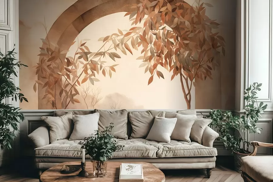 murais de parede Um arco com uma paisagem, árvores e folhagem em tons outonais suaves, obra de arte com textura w09907