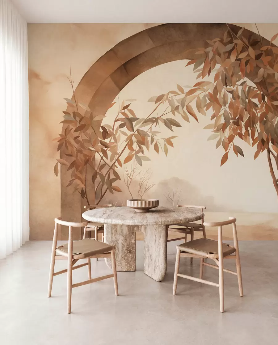 murais de parede Um arco com uma paisagem, árvores e folhagem em tons outonais suaves, obra de arte com textura w09907