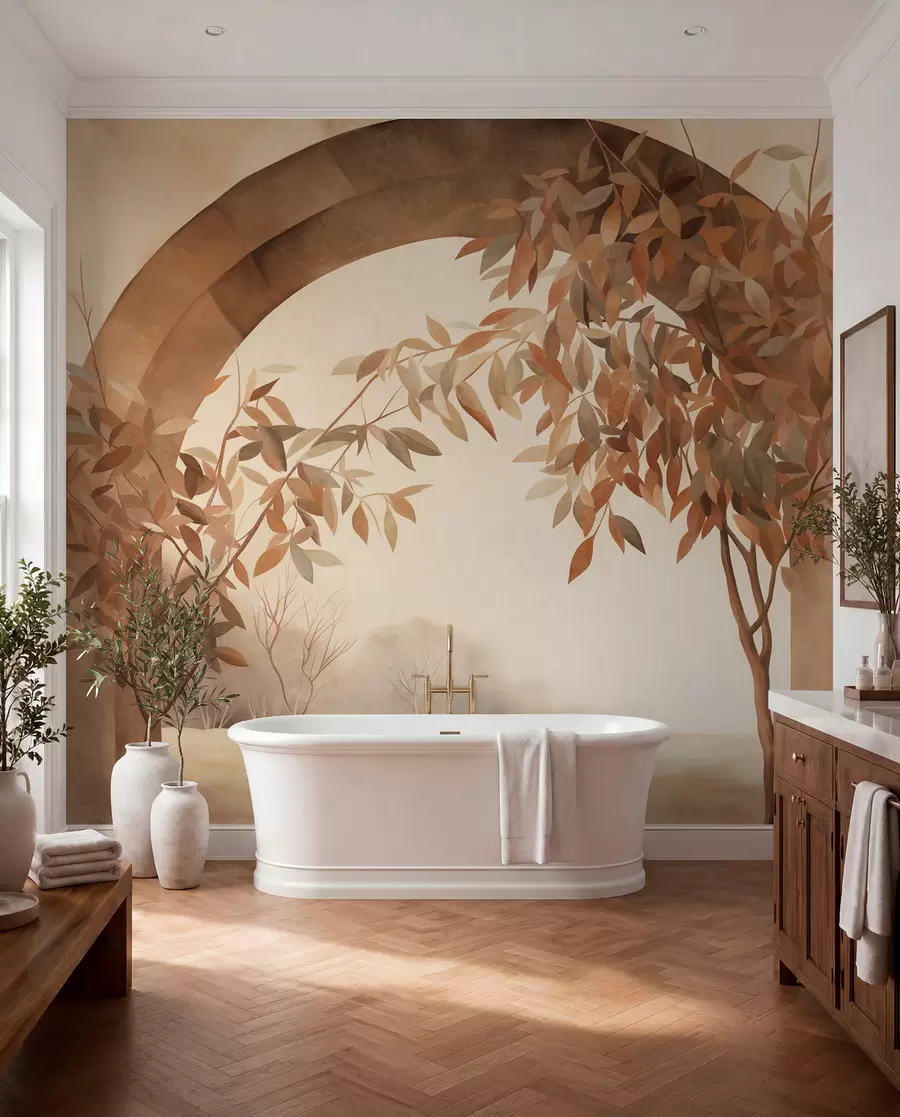 murais de parede Um arco com uma paisagem, árvores e folhagem em tons outonais suaves, obra de arte com textura w09907