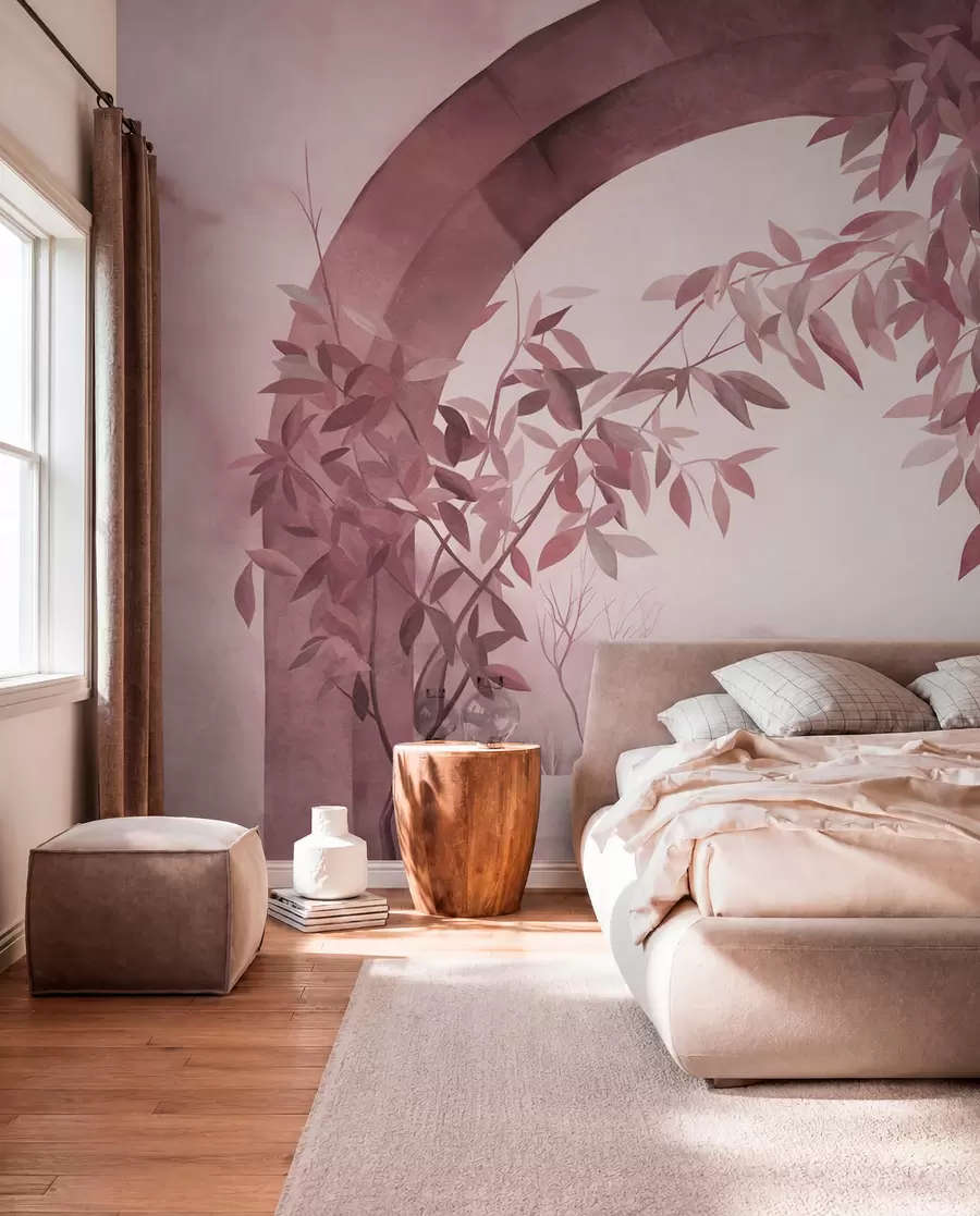 murais de parede Um arco com uma paisagem, árvores e folhagem em tons suaves de rosa e cinzento, obra de arte com textura w09907v1