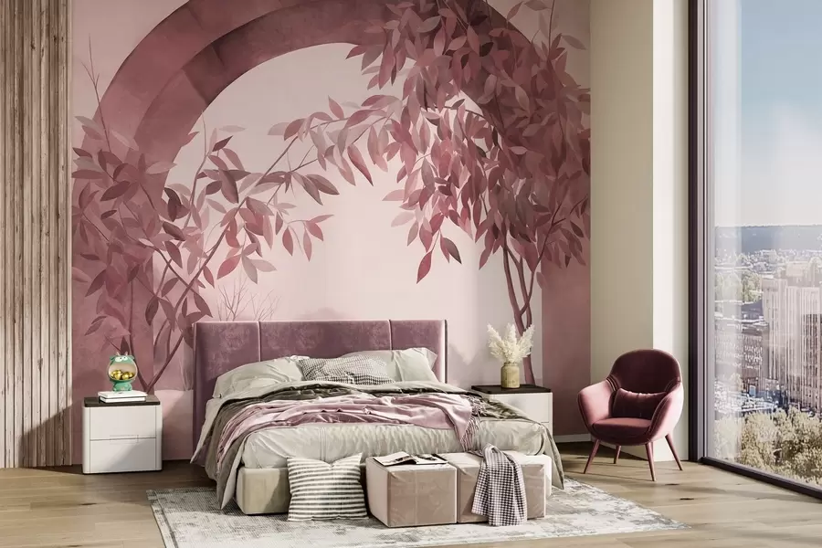 murais de parede Um arco com uma paisagem, árvores e folhagem em tons suaves de rosa e cinzento, obra de arte com textura w09907v1