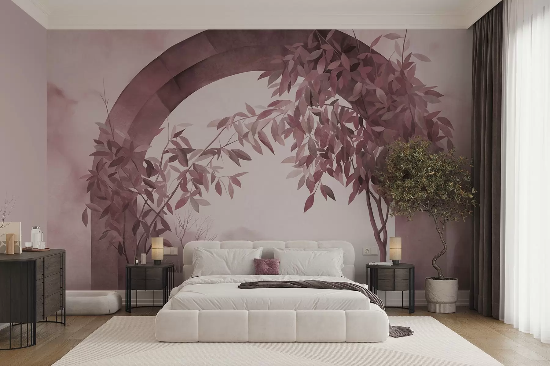 murais de parede Um arco com uma paisagem, árvores e folhagem em tons suaves de rosa e cinzento, obra de arte com textura w09907v1