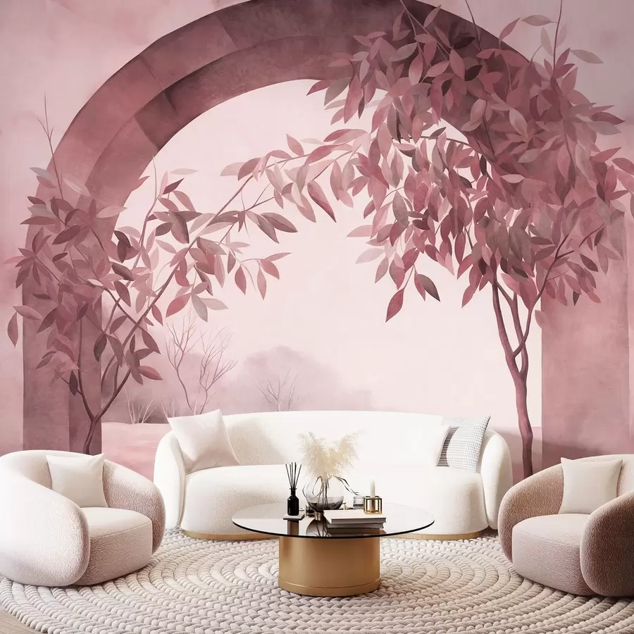 murais de parede Um arco com uma paisagem, árvores e folhagem em tons suaves de rosa e cinzento, obra de arte com textura w09907v1