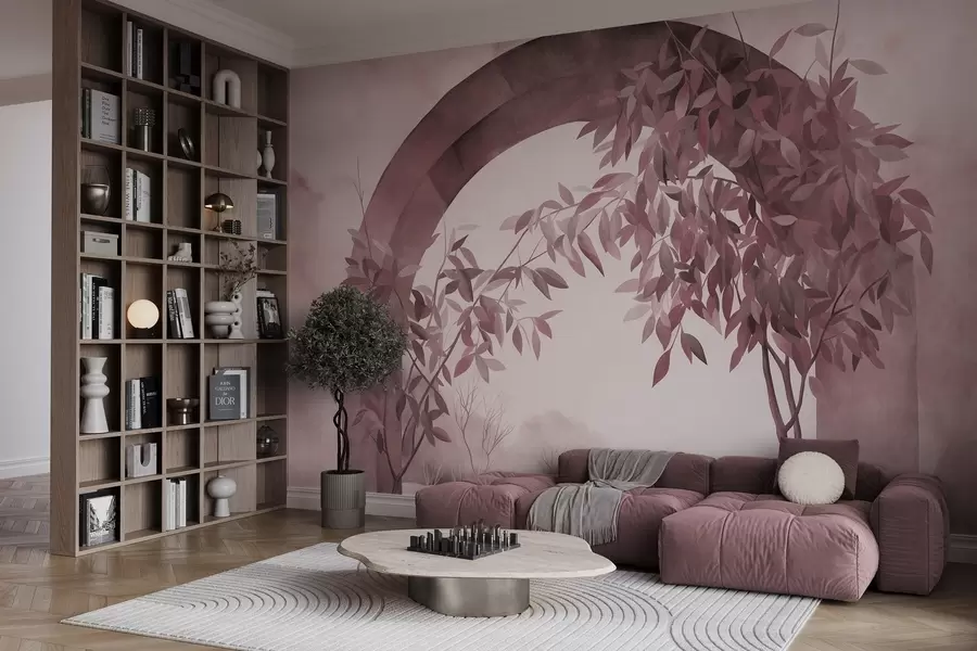 murais de parede Um arco com uma paisagem, árvores e folhagem em tons suaves de rosa e cinzento, obra de arte com textura w09907v1