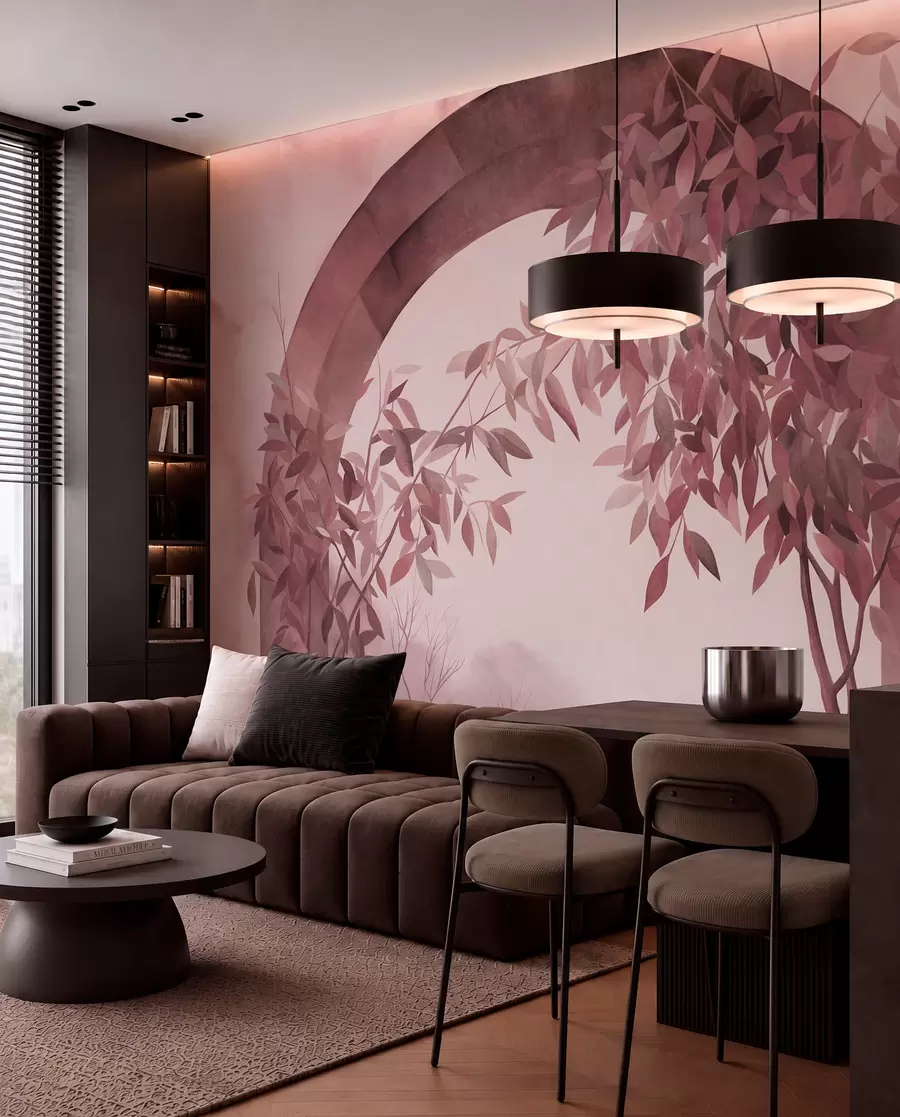 murais de parede Um arco com uma paisagem, árvores e folhagem em tons suaves de rosa e cinzento, obra de arte com textura w09907v1