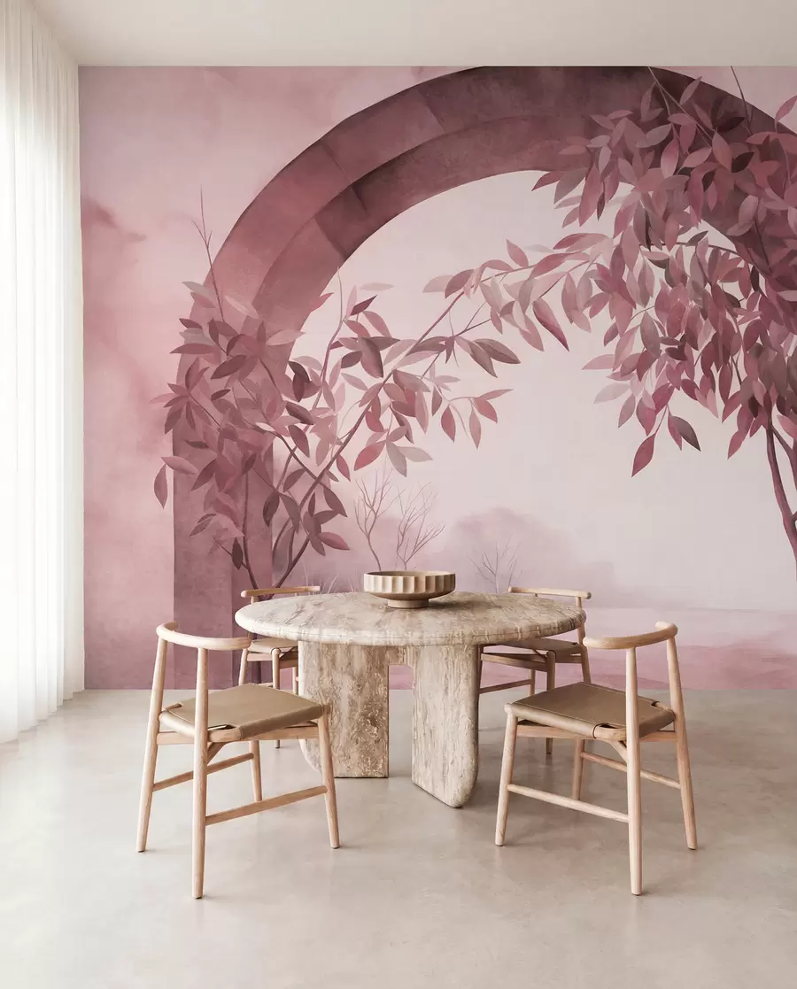 murais de parede Um arco com uma paisagem, árvores e folhagem em tons suaves de rosa e cinzento, obra de arte com textura w09907v1