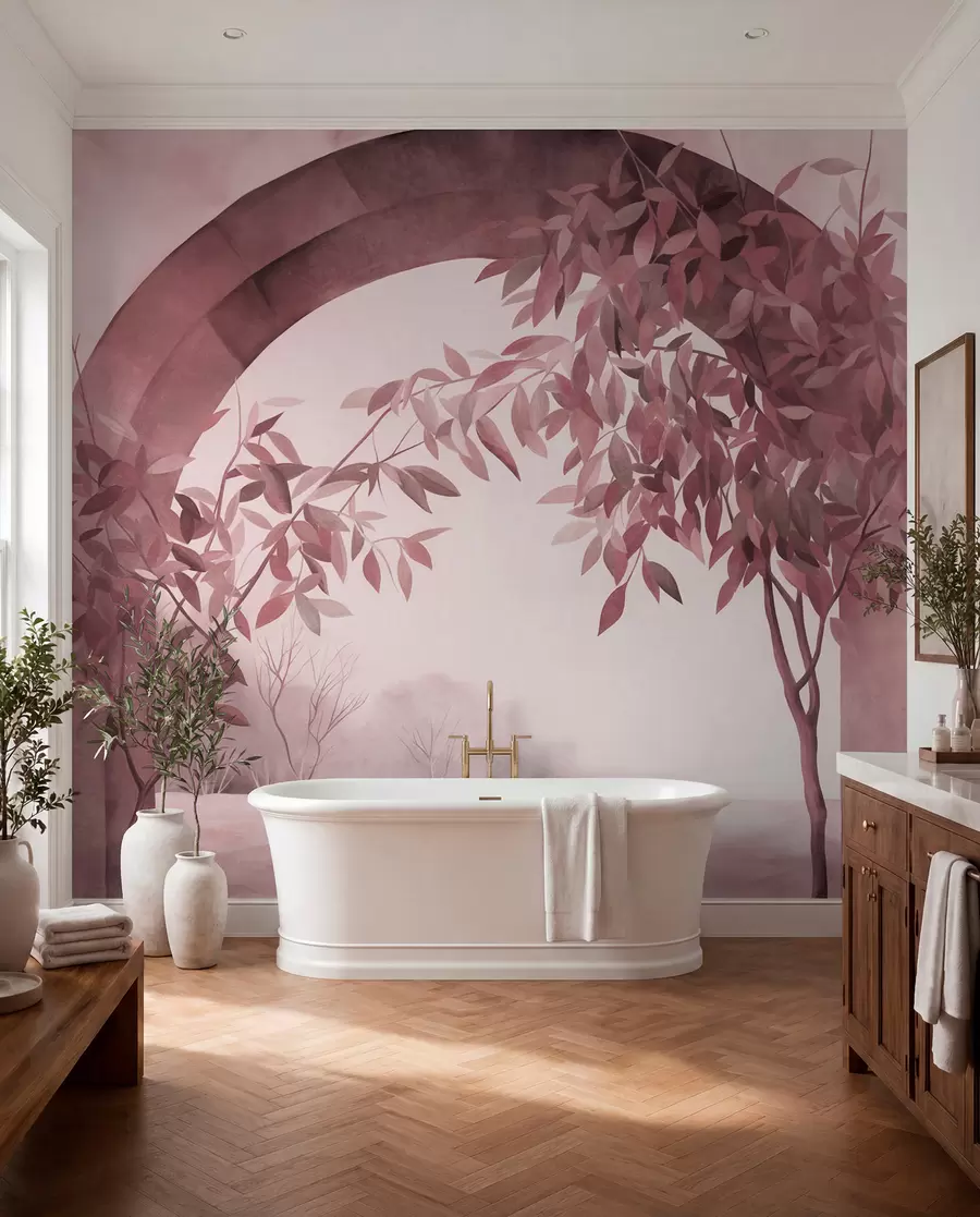 murais de parede Um arco com uma paisagem, árvores e folhagem em tons suaves de rosa e cinzento, obra de arte com textura w09907v1