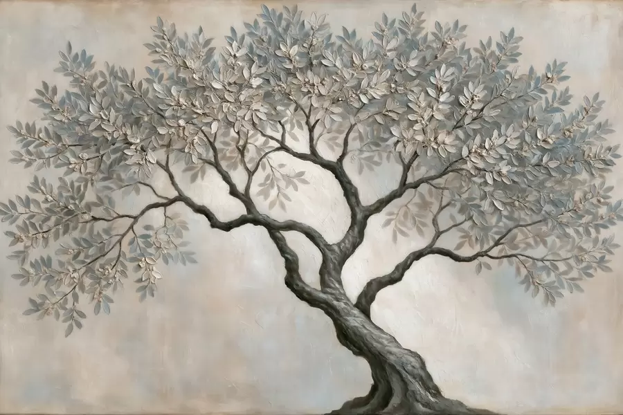 murais de parede Árvore pintada ao estilo da pintura a óleo, em tons suaves e naturais de cinzento-bege w09919