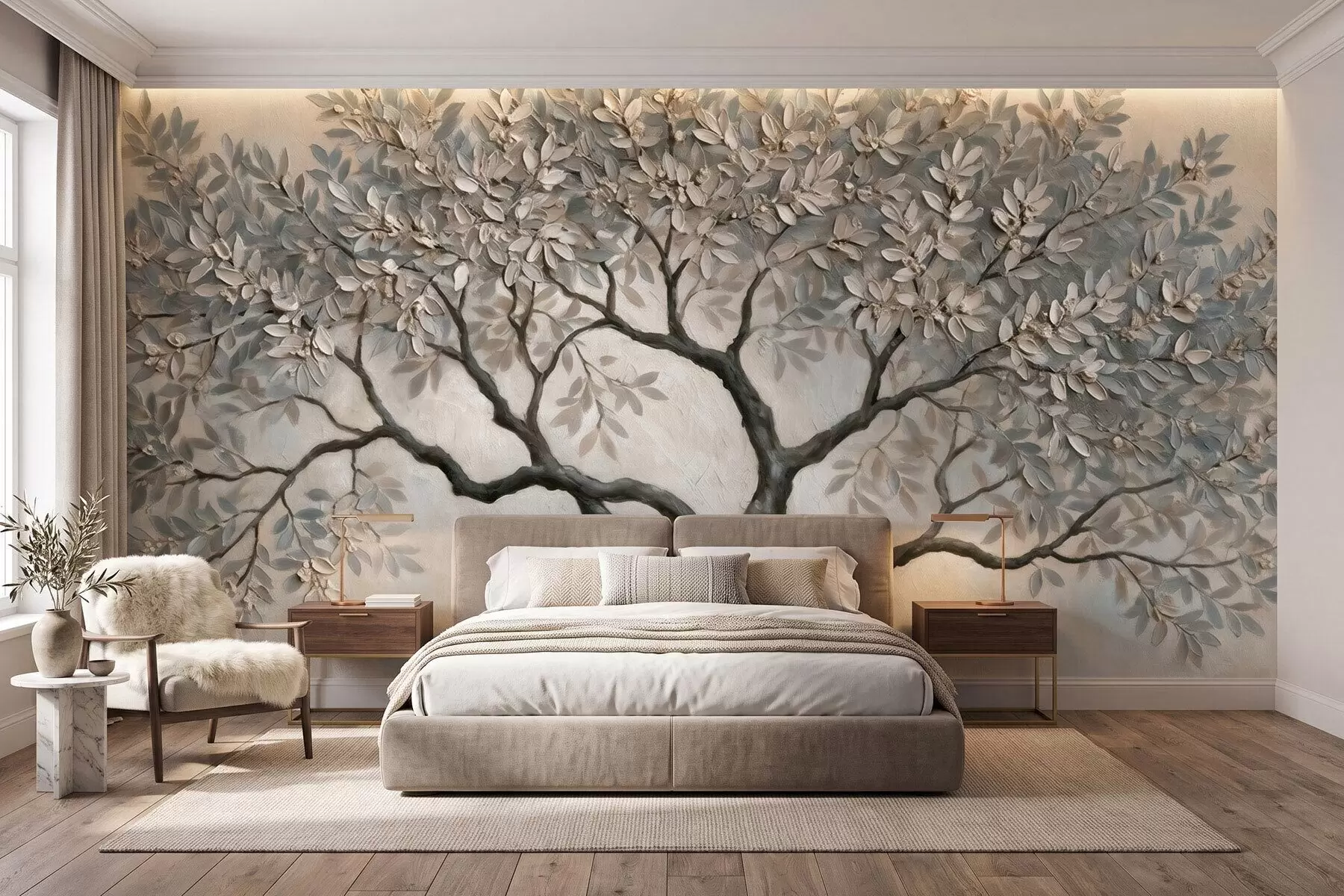 murais de parede Árvore pintada ao estilo da pintura a óleo, em tons suaves e naturais de cinzento-bege w09919