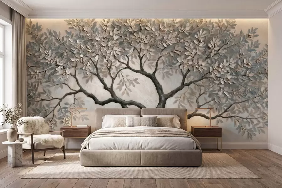murais de parede Árvore pintada ao estilo da pintura a óleo, em tons suaves e naturais de cinzento-bege w09919
