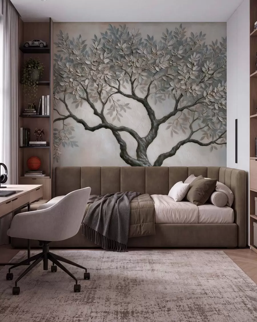 murais de parede Árvore pintada ao estilo da pintura a óleo, em tons suaves e naturais de cinzento-bege w09919