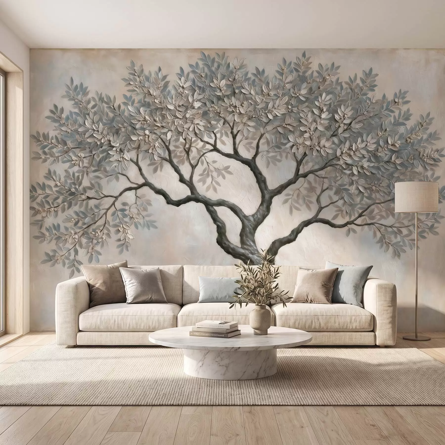 murais de parede Árvore pintada ao estilo da pintura a óleo, em tons suaves e naturais de cinzento-bege w09919