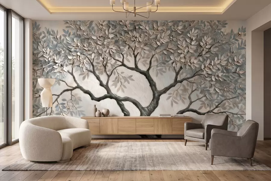 murais de parede Árvore pintada ao estilo da pintura a óleo, em tons suaves e naturais de cinzento-bege w09919