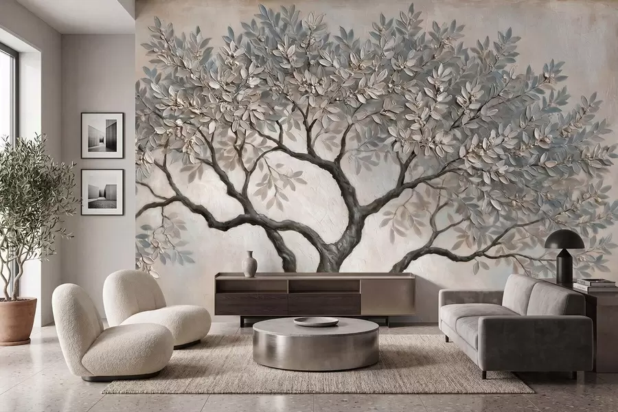 murais de parede Árvore pintada ao estilo da pintura a óleo, em tons suaves e naturais de cinzento-bege w09919