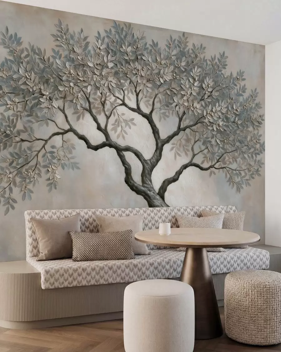 murais de parede Árvore pintada ao estilo da pintura a óleo, em tons suaves e naturais de cinzento-bege w09919