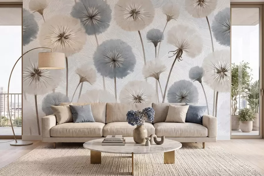 murais de parede Dentes-de-leão arejados e fofos numa paleta de cores suaves e naturais w09936